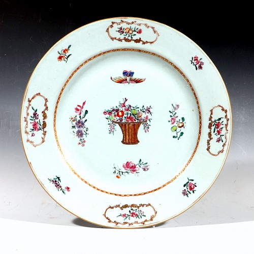 Inventory:  Chinese Export Porcelain, Chinese Export Famille Rose Porcelain Dish with Flower Basket & Butterfly, 1775-85, $1,250