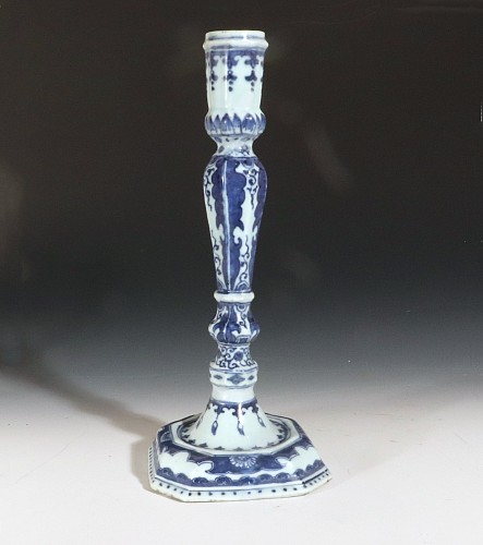 Inventory:  Chinese Export Porcelain, Chinese Export Porcelain Rococo Underglaze Blue and White Tall Candlestick, 1750, $2,000