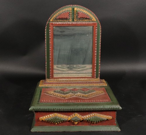 Inventory:  Tramp Art, American Folk Art Painted Tramp Art Shaving Mirror and Base, 1920, $750