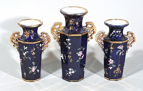 Inventory:  Mason's Ironstone, Mason's Ironstone Mazarine Blue Garniture of Three Vases, Circa 1835, $850