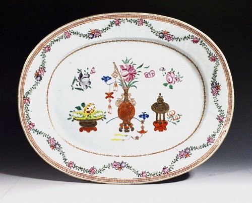Inventory:  Chinese Export Porcelain, 18th-century Chinese Export Porcelain Famille Rose Oval Dish Painted With Precious Objects, Circa 1760-75, $2,000