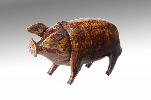 Inventory:  Rye Pottery, Naive Sussex Pottery Jug in the form of a Pig from the Belle-Vue Pottery, Circa 1870, $5,500