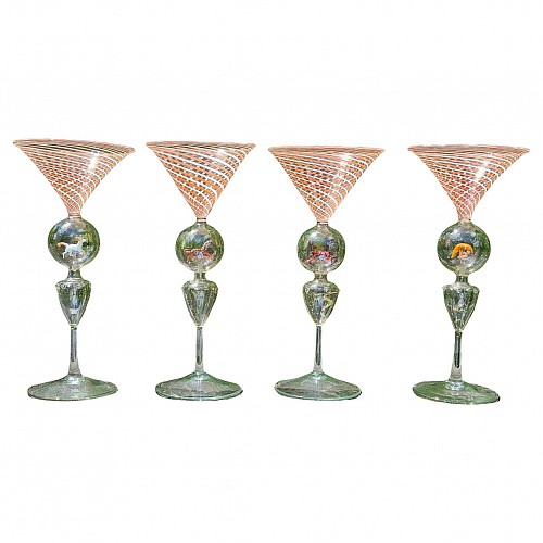 Inventory:  Bimini Glass, Bimini Blown Glass Martini Cocktail Glasses with Animals- Set of Four, 1920s-30s, $1,850