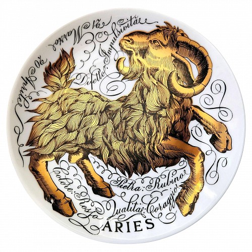 Inventory:  Piero Fornasetti, Astrological Sign-Aries- Vintage Piero Fornasetti Porcelain Zodiac Plate, Astrali Pattern, 1972, $985