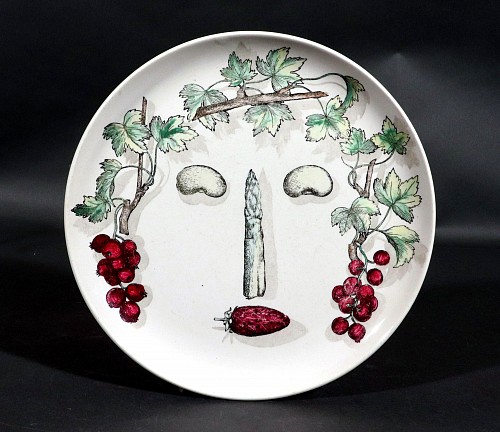 Inventory:  Piero Fornasetti, Piero Fornasetti Pottery Arcimboldesca Vegetable Face Plate, After Giuseppe Arcimboldo, 1960s-70s, $750