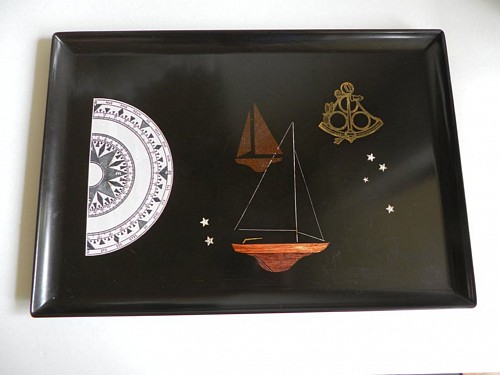 Courac Couroc Resin Tray with Sailing Ships and Compass, 1970 SOLD •