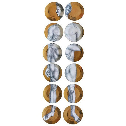 Inventory:  Piero Fornasetti, Vintage Piero Fornasetti Gold Adam Porcelain Plates- Set of Twelve, 1970s, $5,500
