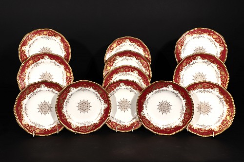 Inventory:  British Porcelain, Gilded Age Coalport Porcelain Set of Dessert Plates, Set of Twelve, 1900, $2,250