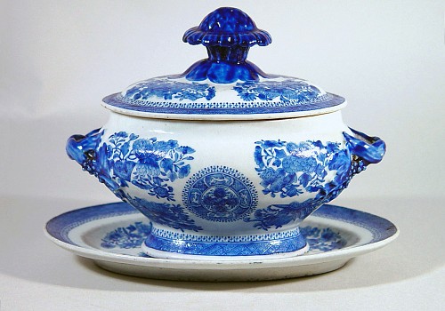 Inventory:  Chinese Export Porcelain, Chinese Export Porcelain Blue Enamel Fitzhugh Sauce Tureen, Cover and Stand, Circa 1810, $2,500