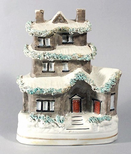 Inventory:  Staffordshire, Antique Staffordshire Pottery Model of a House in Winter with Snow-covered Eaves, Circa 1850, $550