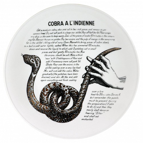 Inventory:  Piero Fornasetti, Piero Fornasetti Porcelain Cook Pattern Plate, Cobra a L'Indienne, Made for Fleming Joffe, 1968-74, $775
