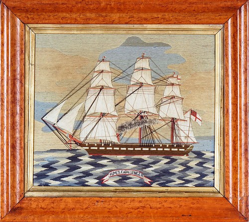 Inventory:  Sailor's Woolwork, British Sailor's Woolwork of H.M.S. Challenger on Unusual Sea, 1875, SOLD •
