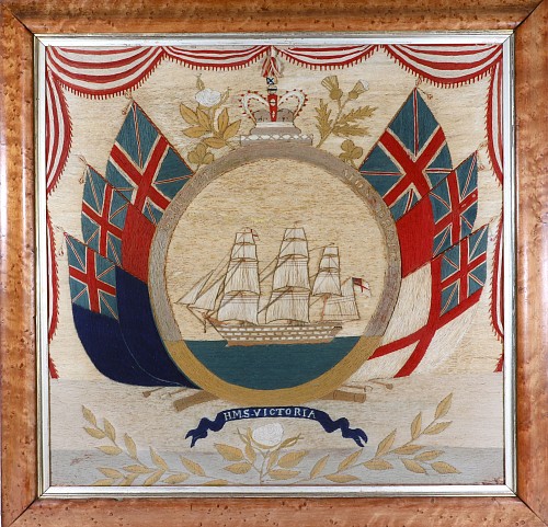 Inventory:  Sailor's Woolwork, British Sailor's Flag of Nations Woolwork of HMS Victoria, 1875, SOLD •