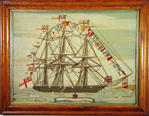 Inventory:  Sailor's Woolwork, British Sailor's Woolie of a Fully-dressed H.M.S. Volage with multiple long boats with flags of different nations, 1870, $15,000