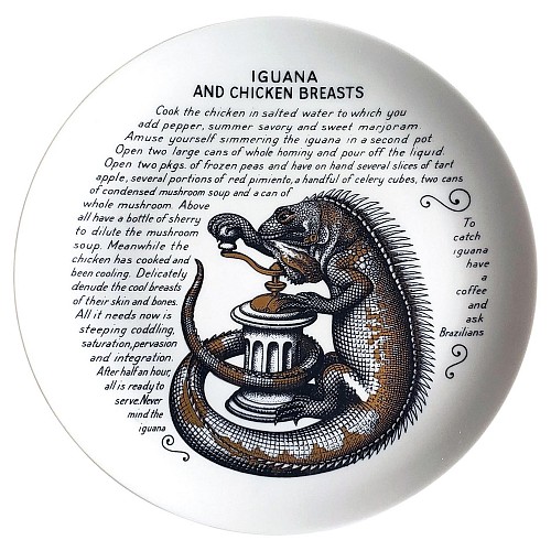 Piero Fornasetti Piero Fornasetti Fleming Joffe Porcelain Recipe Plate- Iguana and Chicken Breasts, 1960s-1974 $650