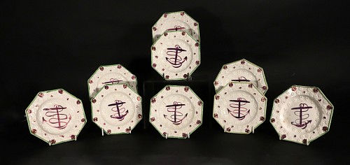 Inventory:  British Pottery, Pink Luster Fouled Anchor-decorated Side Plates or Child's Plates- Set of Nine, 1840, $950