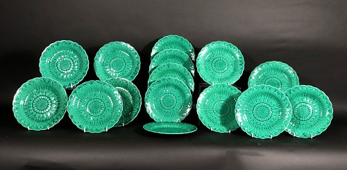 Inventory:  Wedgwood Pottery, Wedgwood Green Majolica Earthenware Sunflower Plates Set (15), 1860s, $3,000