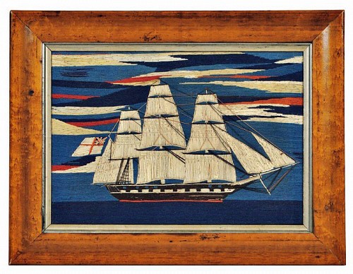 Inventory:  Sailor's Woolwork, Sailor's Woolwork Picture of a Ship with Sunset, 1865, SOLD •