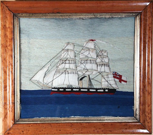 Inventory:  Sailor's Woolwork, English woolwork picture of a ship, 1875, SOLD •