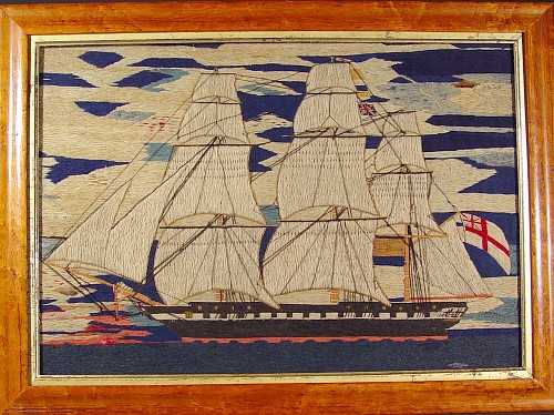 Inventory:  Sailor's Woolwork, British Woolwork Picture (woolie)  of a Ship, 1875, SOLD •