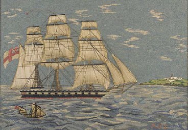 Sailor's Woolwork English Sailor's Woolwork Picture of a Ship, 1875 SOLD •