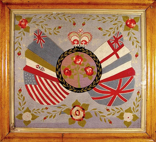 Sailor's Woolwork English Sailor's Woolwork Picture, Woolie, decorated with Flags, 1880 SOLD •