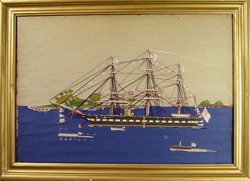 Inventory:  Sailor's Woolwork, Sailor's woolwork picture depicting a Royal Naval three-masted steamship, moored off an island with buildings and flying the red ensign, withy long Boats and a Steam Launch, Circa 1865, SOLD •