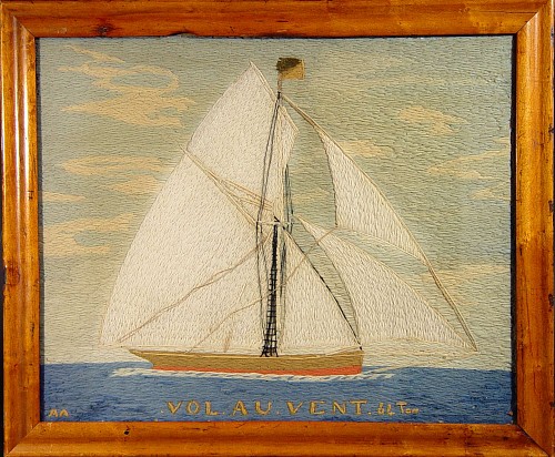 Inventory:  Sailor's Woolwork, American Woolwork Picture of a Racing Yacht, 1890, SOLD •