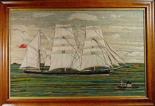 Inventory:  Sailor's Woolwork, British Sailor's Woolwork Picture of a Ship, Dated 1916, SOLD •