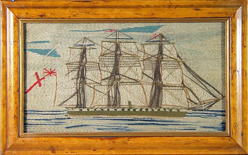 Inventory:  Sailor's Woolwork, English Sailor's Woolwork Picture of a Ship, 1875, SOLD •