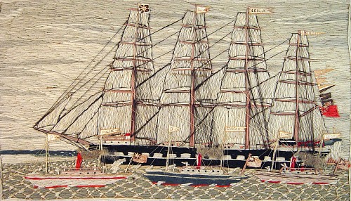 Sailor's Woolwork British Sailor's Woolie Picture of Four Ships, four named- The Sailing ship Leila and the steamships Pollie, Dinah & The Lucy, 1890-1900 SOLD •