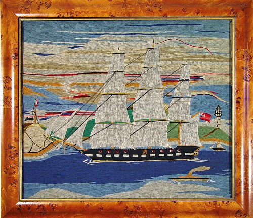 Inventory:  Sailor's Woolwork, British Sailor's Woolie of a Ship Coming into Land, 1885, SOLD •