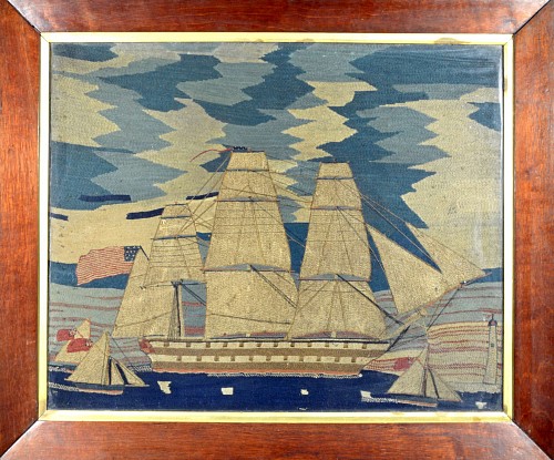Inventory:  Sailor's Woolwork, American Sailor's Woolwork Picture of US Navy Ship of the Line in British Waters, 1865, SOLD •