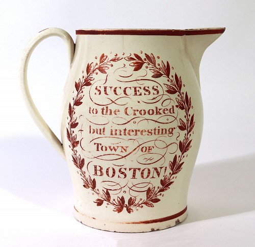 Inventory:  Creamware Pottery, English Creamware Jug with "Success to the Crooked but interesting Town of Boston" Inscription (Boston, MA), 1800, SOLD •