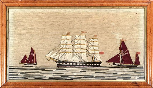 Inventory:  Sailor's Woolwork, British Woolwork of Three Merchant Ships on Unusual Sea with the Ships ADA & Alaska, 1875, $7,500