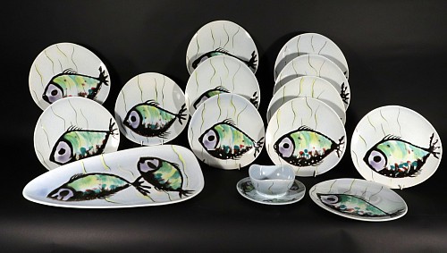 Inventory:  French Pottery, Quimper Vintage French Faience Service Decorated with Fish- Fourteen Pieces, 1960, $1,750