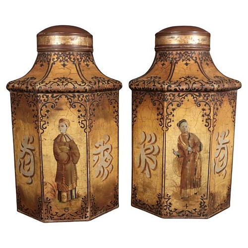 British Furniture Chinoiserie TÃ´le Large Tea Canisters with Chinese Figures and a Chocolate Brown ground, 1840-80 $4,250