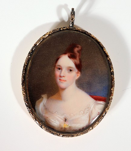 Search:  Portrait Miniature, American Portrait Miniature Portrait of a Woman in a White Gown, Signed T.S. Officer, Pinxt, for Thomas Story Officer, 1830s, $6,500