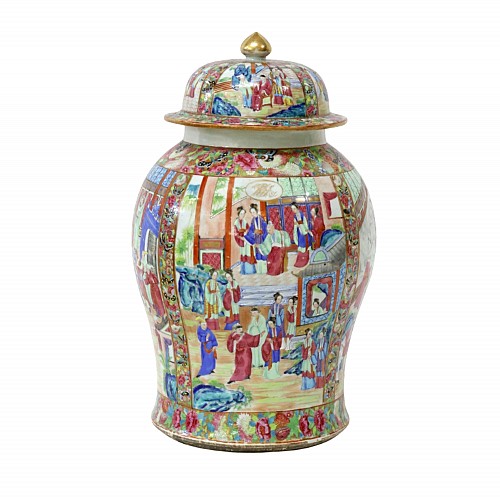 Inventory:  Chinese Export Porcelain, Chinese Export Porcelain Canton Temple Jar decorated with Panels of Chinese Interior Scenes, American Market, Mid-19th Century, $7,800