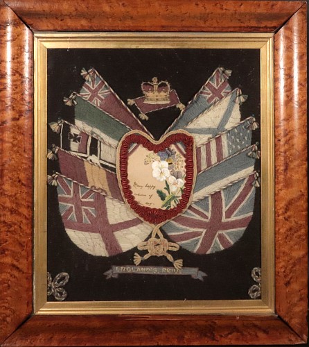 Search:  Sailor's Woolwork, Sailor's Woolwork (Woolie) with Heart Valentine and Flag Surround, 1880, $2,500