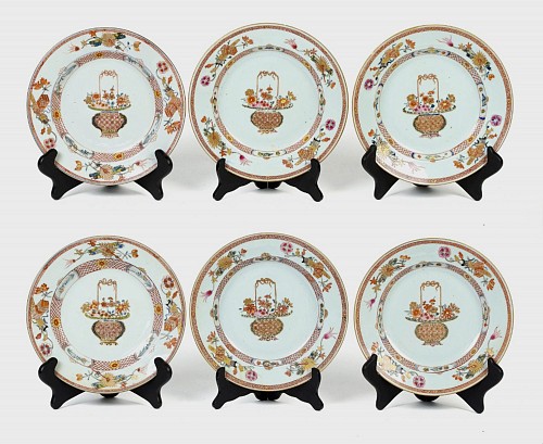 Chinese Export Porcelain Chinese Export Porcelain Famille Rose Plates Painted with Flower Baskets,
Yongzheng Period (1723-1735), 1723-30 $3,750