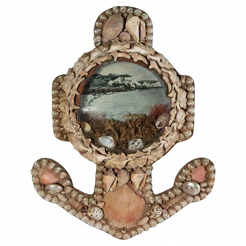 Inventory: Edwardian Shellwork Valentine Diorama of Dover with its Pier and Iconic White Cliffs, 1900, SOLD •