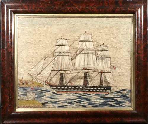 Inventory:  Sailor's Woolwork, British Sailor's Woolwork of Ship on Checkerboard Sea Entering Estuary, 1870, SOLD •