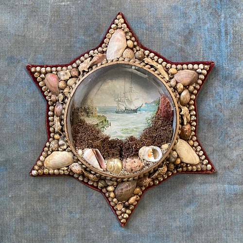 Inventory: Edwardian Starfish Shaped Shell Valentine- Passing Lighthouse, 1900, SOLD •