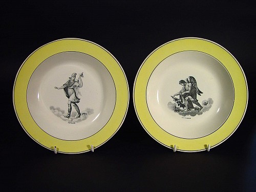 Inventory:  French Pottery, French Legros D' Anizy Yellow-bordered Soup Plates decorated with Prints of February and October, 19th Century, $500