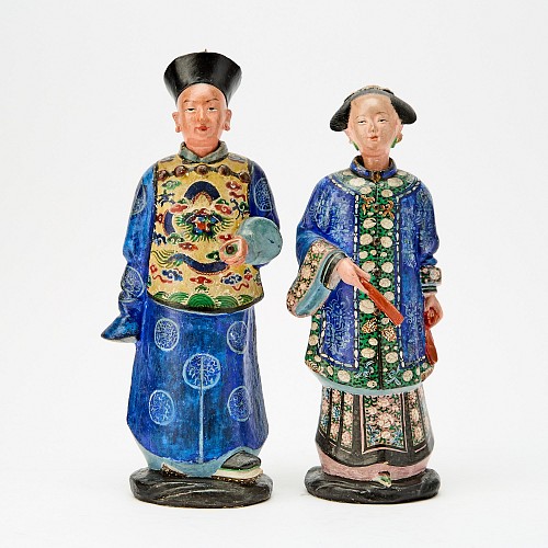 Inventory:  China Trade, China Trade Pair of Polychrome Nodding Head Figures, 1800