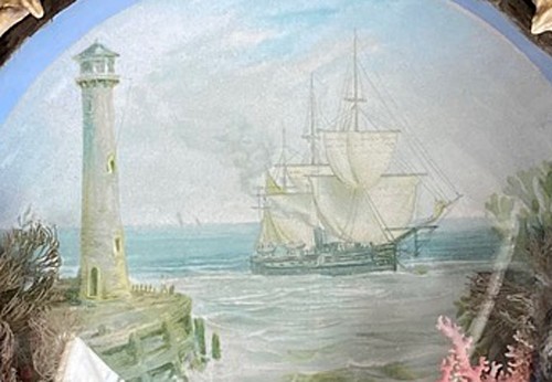 shellwork Edwardian Shellwork Valentine Diorama of a Lighthouse with Ship, 1900 $1,500