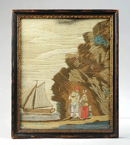 Woolwork British Woolwork of a Sailor and Wife and Child on the Seashore with Ship in Bay, 1850