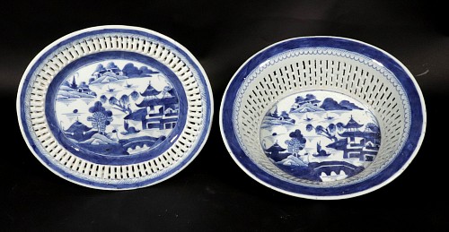 Chinese Export Porcelain Chinese Export Porcelain Canton Blue & White Chestnut Basket & Stand, 1820 $750