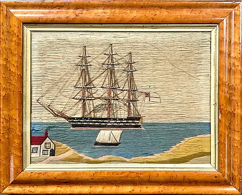 Inventory:  Sailor's Woolwork, British Sailor's Woolwork of Royal Navy Ship in Bay with House, 1875, $5,500